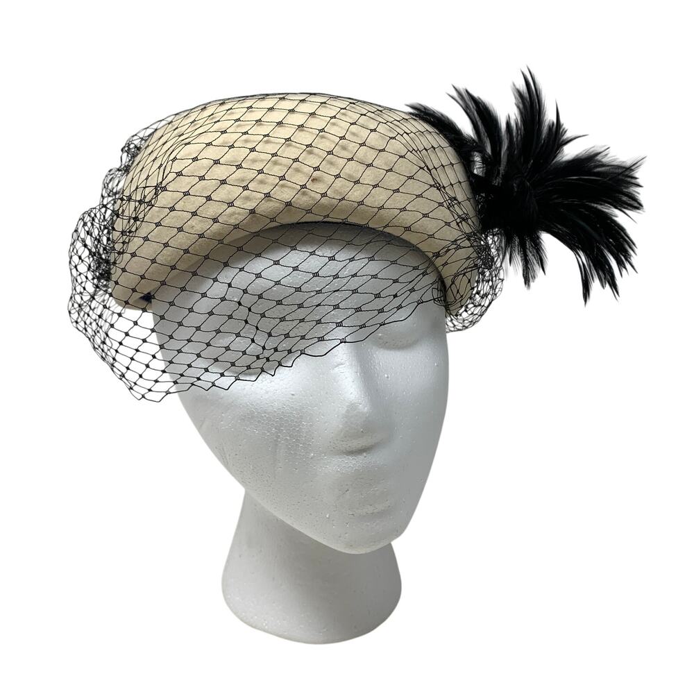 Vintage Bollman 100% Wool Cocktail Hat Ivory Black Veil Feather USA Made